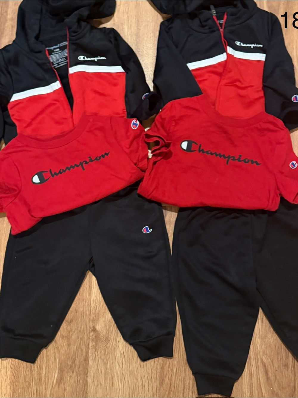 2 outfits Champion Kids Red and Black Matching Hoodie, Tee & Joggers Set